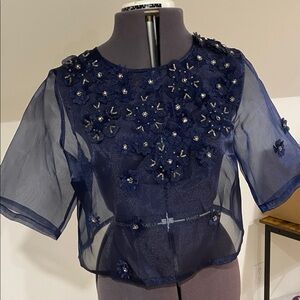 Unique Navy Blue beaded, floral overlay mesh top